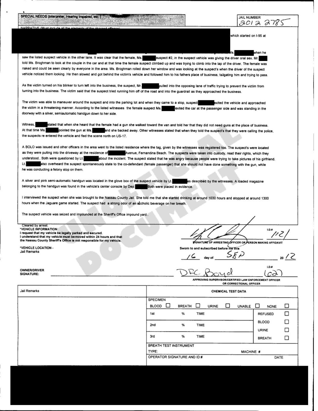 Redacted public-record excerpt from the interstate incident report.