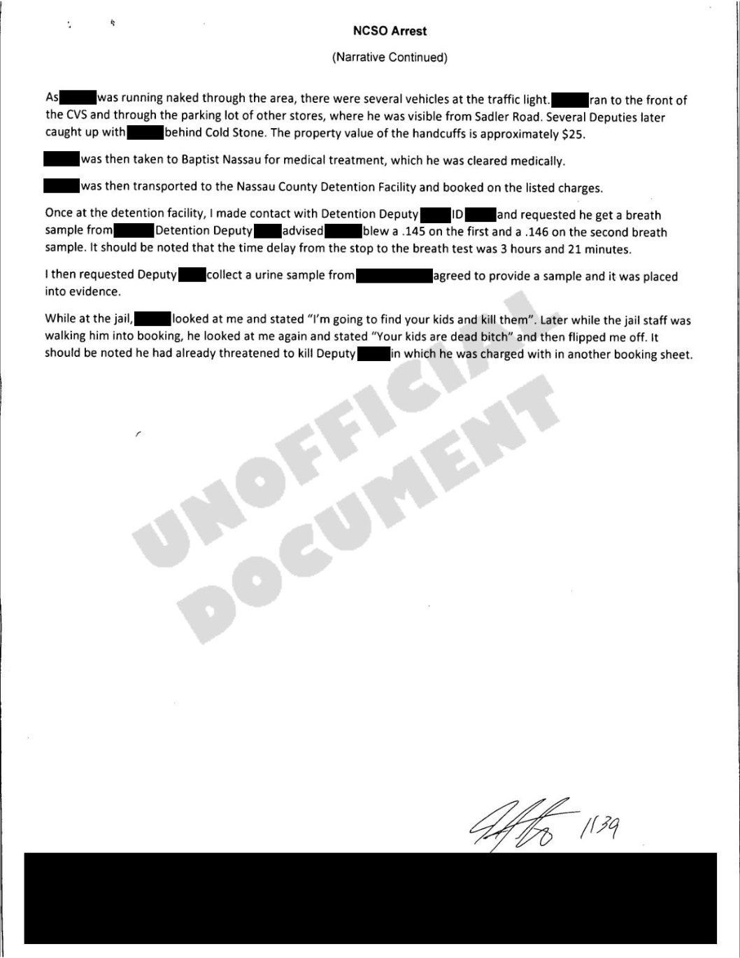 Redacted public-record excerpt from the patrol-car incident report.